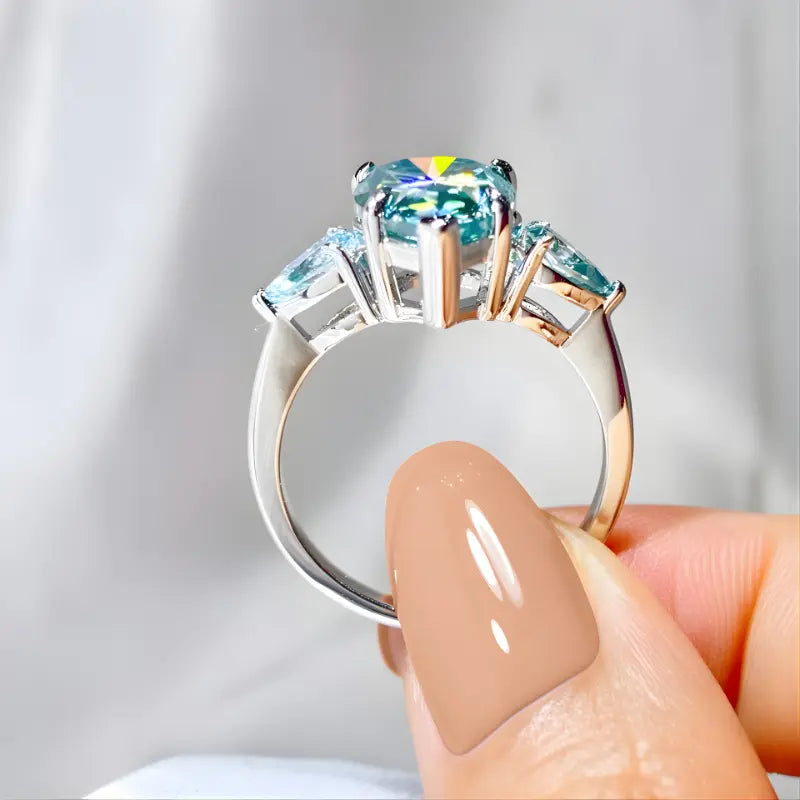 Oceane 5ct Pear Cut Blue-Green Deluxe Moissanite Ring